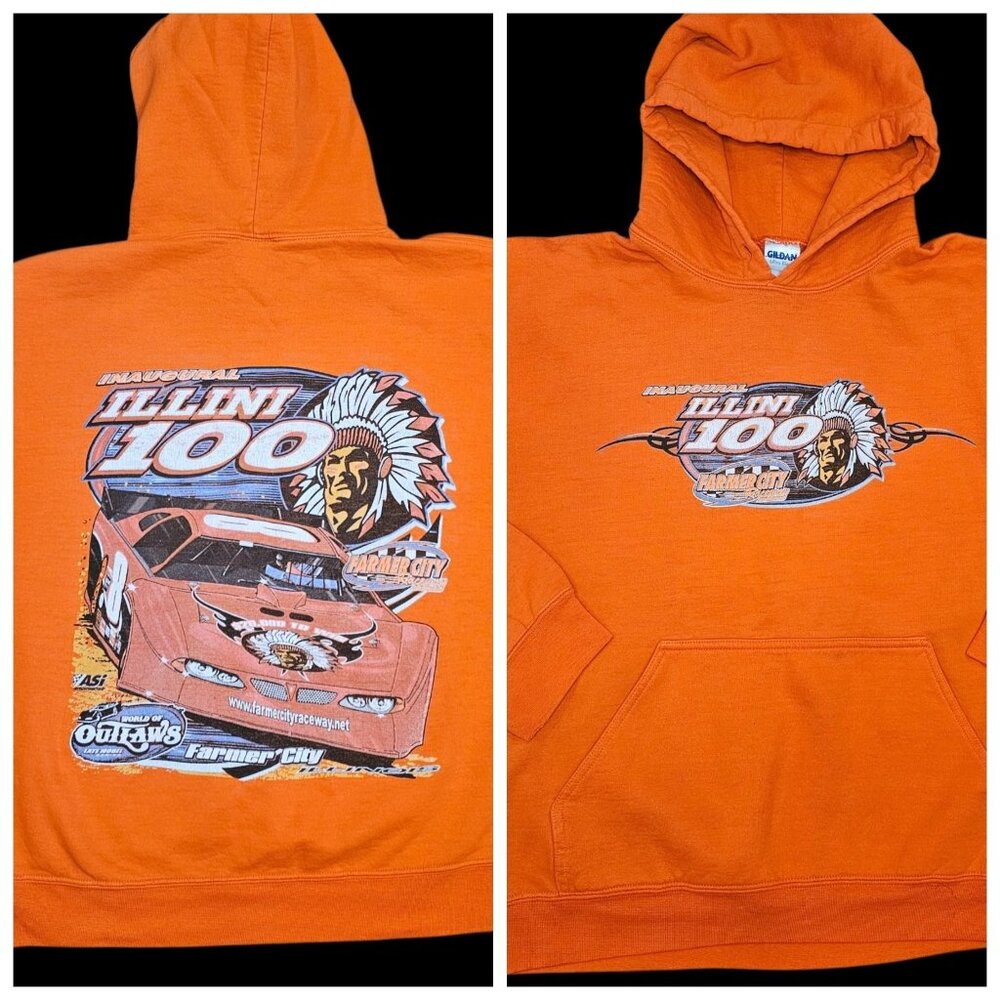 Y2K Inaugural Illini 100 Hoodie Size L‎ Orange Late Model Farmer City Chief